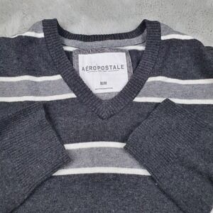 Aeropostale Cotton Wool Blend‎ Sweater Mens Med Gray Striped Long Sleeve V-Neck